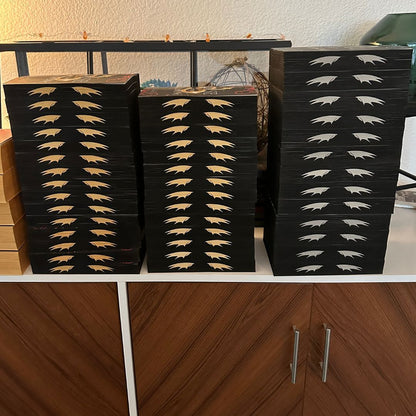 Dragon Lords Romantasy Paperback bundle with dragon wings sprayed edges in gold, silver, and copper metallic paint. 